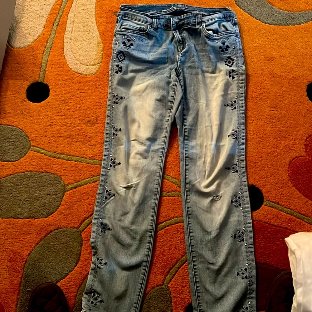 women’s INC boyfriend size 8 faded jeans. Embroidered, studded